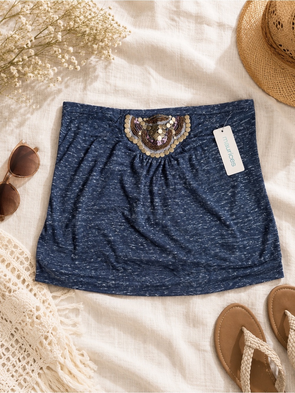Maurices Strapless Beaded Boho Tube Top Heathered Blue XL NWT
